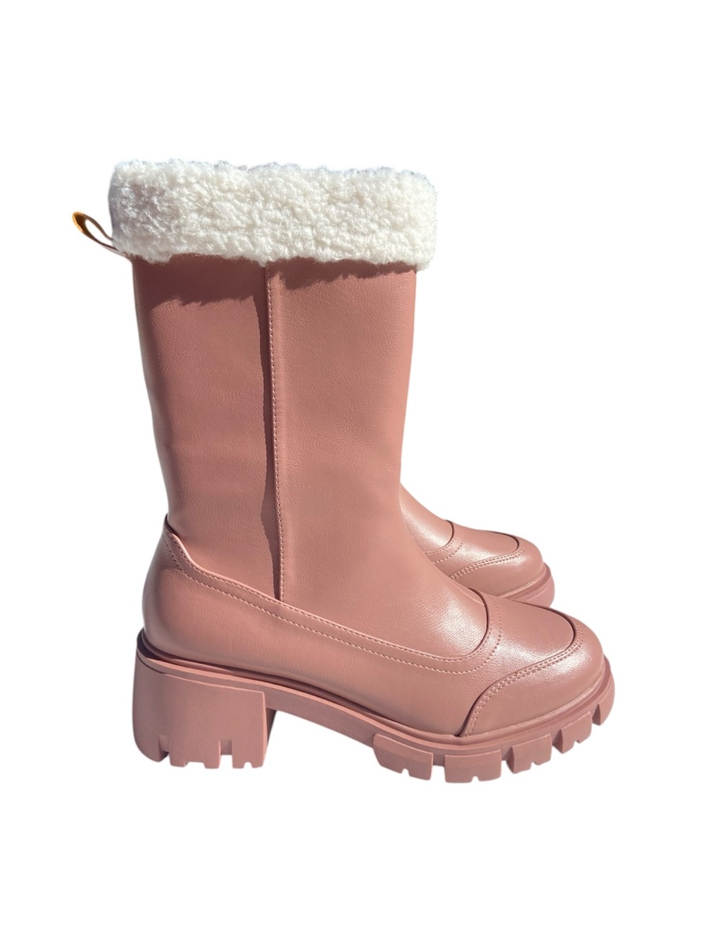 Women’s Pink Faux Shearling Lug Sole Mid Calf Boots, 8